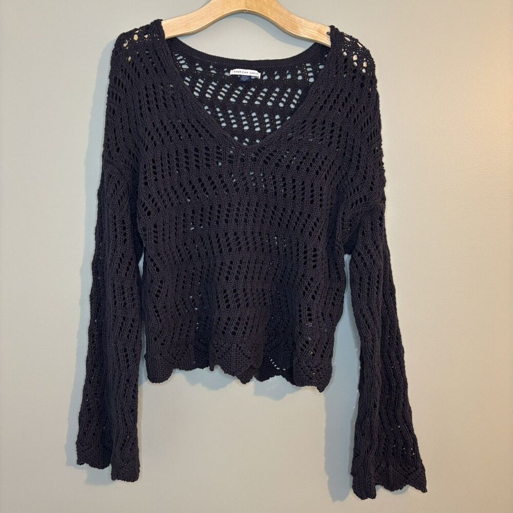 American Eagle Outfitters Crop Sweater Crochet Open Knit Gray Slouchy V-Neck M